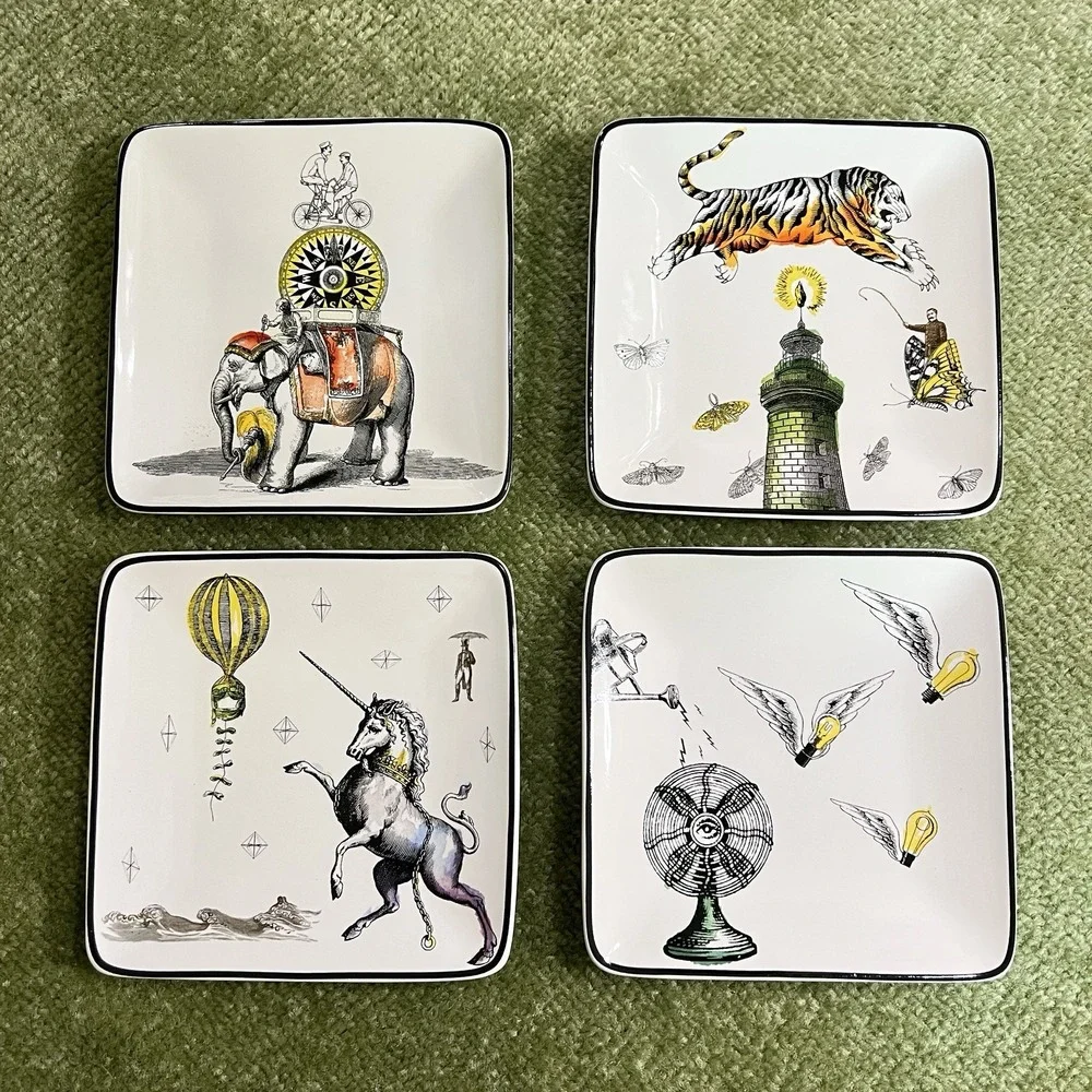 Pottery Barn Cirque Appetizers 6" Square Plates Set Of 4, Whimsical Design - Picture 1 of 9